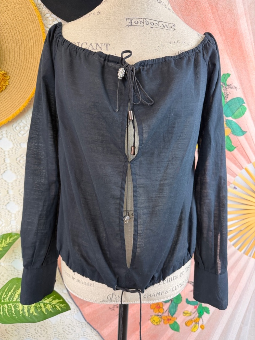 Exte Black Drawstring Peasant Top Batiste Lightweight Long Sleeve Boho Small Vtg